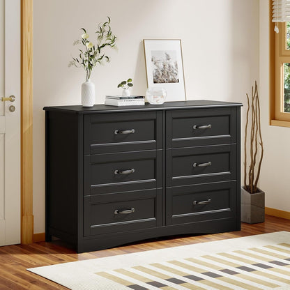 Gizoon 47" 6 Drawer Dresser, Black Wide Chest of Drawers for Bedroom