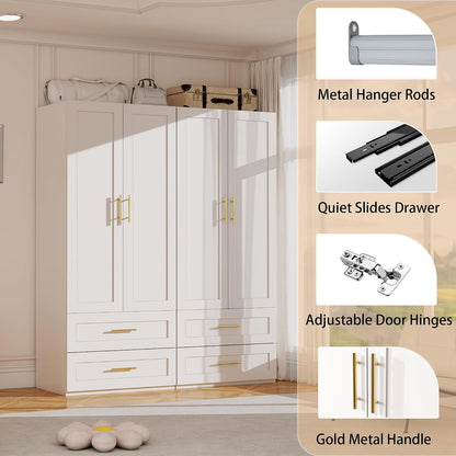 White Wardrobe with 4 Doors and 4 Drawers，75" Tall x 63" Wide
