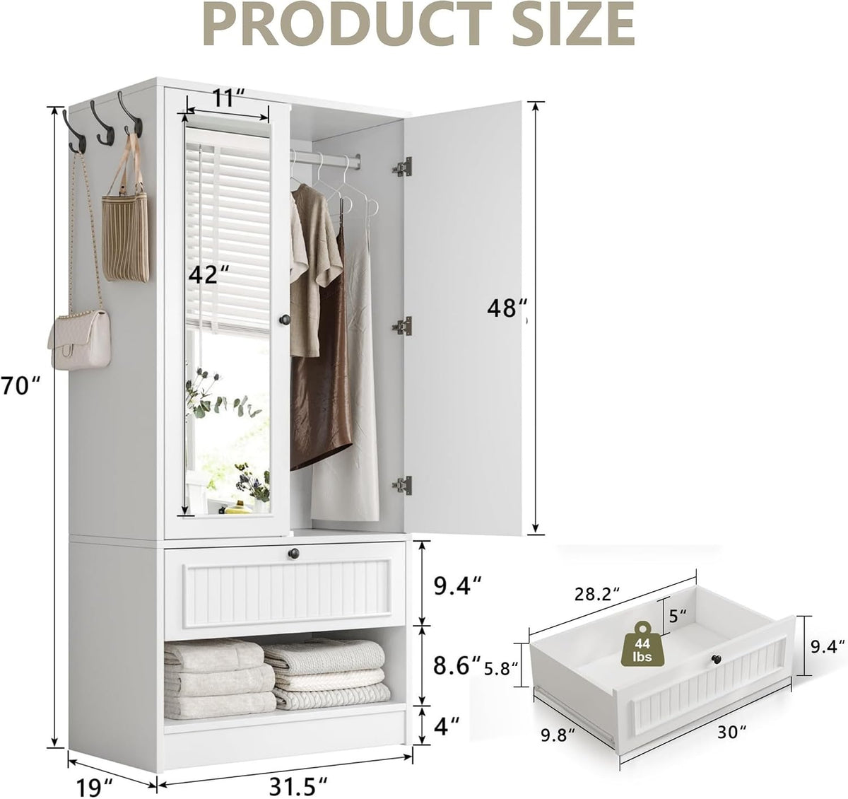 Feonase Armoire Wardrobe Cabinet with Mirror and Drawer, 70" 2-Door Wooden Closet Organizer for Bedroom Storage, White