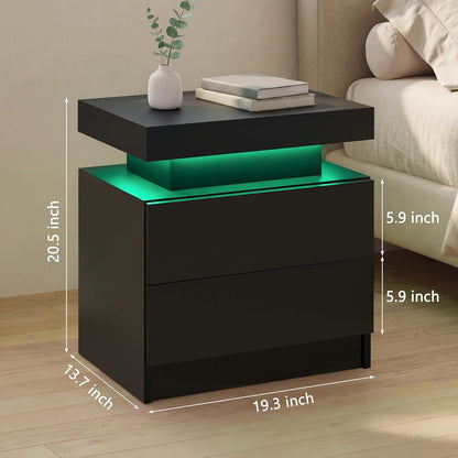 i-aplus Black Modern LED Nightstand Set of 2 with 2 Wood Drawer for Bedroom