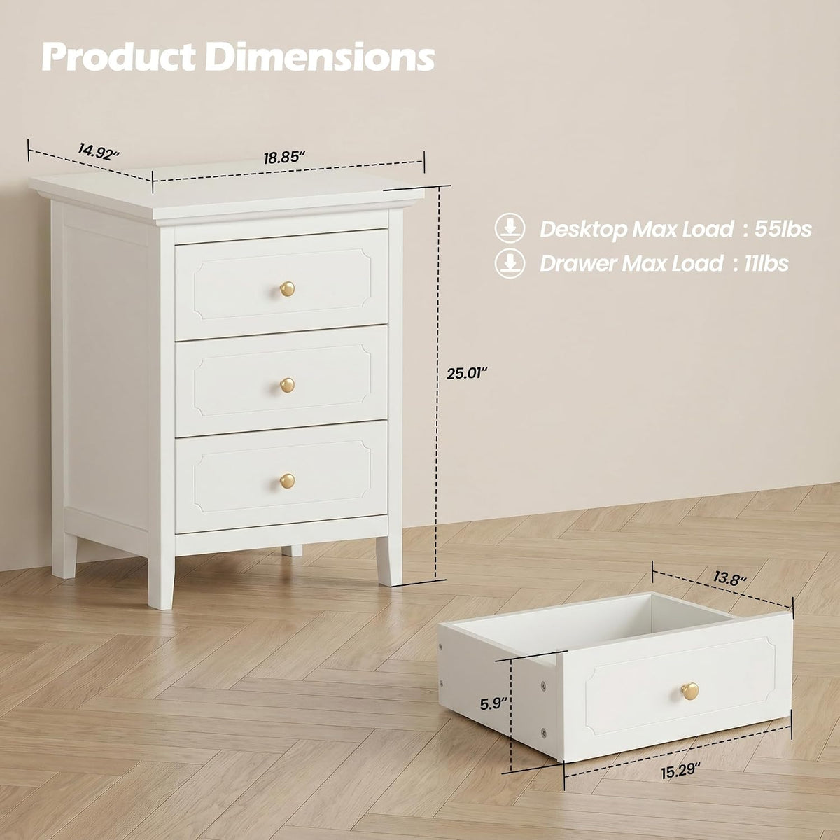 3 Drawer Nightstand, Modern Bedroom Storage Night Stand