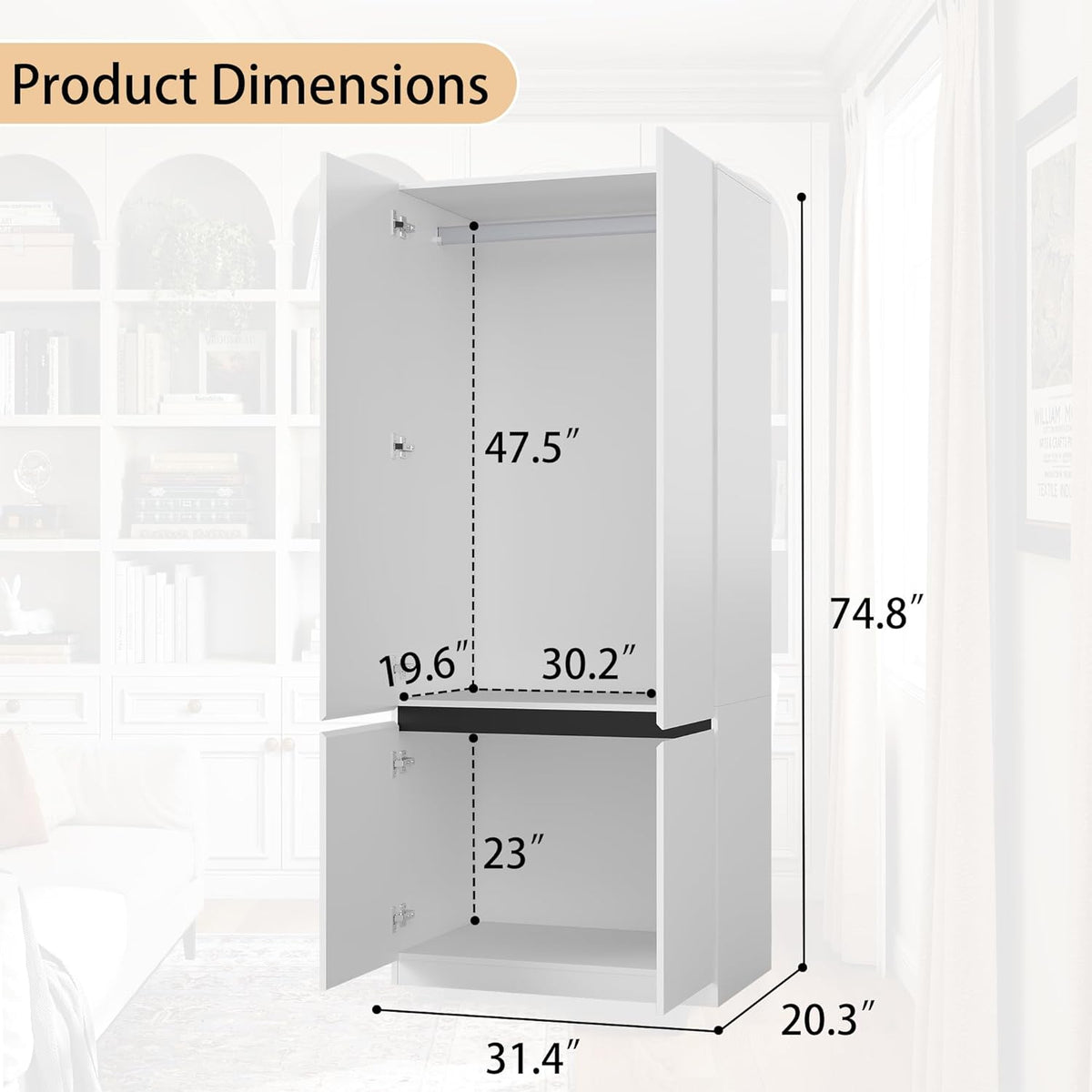 White Armoire Wardrobe Closet with 4 Doors, 75" Tall x 63" Wide