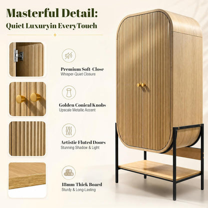 Arched Armoire Wardrobe Closet, Modern Wood Bedroom Clothing Storage Cabinet with Fluted Doors, 66" Tall Standing Closet with Hanging Rod, Natural