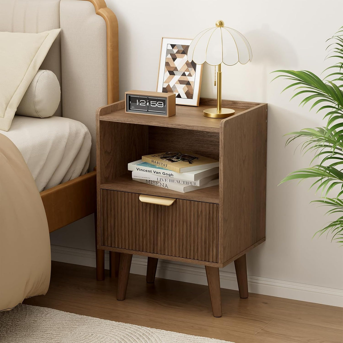 Apicizon Small Nightstand, Fluted Walnut Bedside Table with Drawer & Shelf