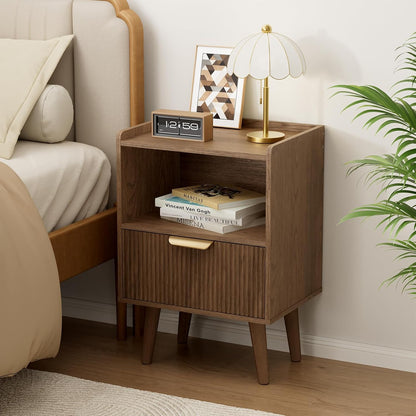 Apicizon Small Nightstand, Fluted Walnut Bedside Table with Drawer & Shelf