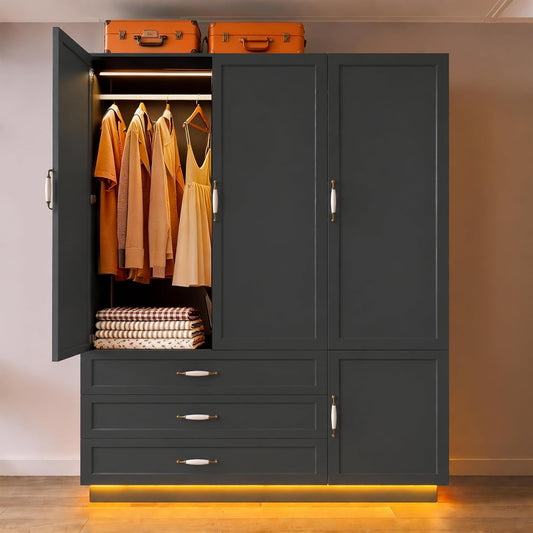 72" Wooden Armoire Wardrobe Closet with 3 Door Black Bedroom Armoire with LED Light 3 Drawers Large Modern Wardrobe Cabinet with Retro Ceramic Door Handles and Removable Hanging Rod