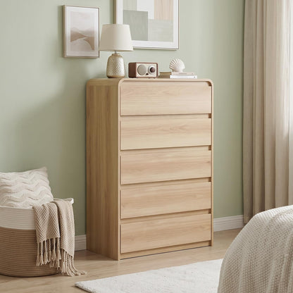 6 Drawer Dresser for Bedroom, Curved Edge Design Modern Dressers & Chest of Drawers, 47" Wide Dresser Natural Oak