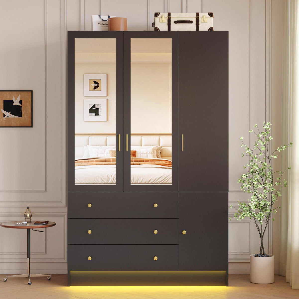 4 Doors LED Armoire Wardrobe Closet with Mirror, 75" Tall Modern Wooden Wardrobe Closet with 3 Drawers, Freestanding Clothing Storage Cabinet with Hanging Rod, Adjustable Shelves, Black