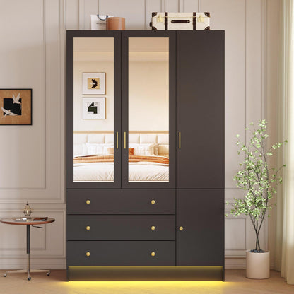 4 Doors LED Armoire Wardrobe Closet with Mirror, 75" Tall Modern Wooden Wardrobe Closet with 3 Drawers, Freestanding Clothing Storage Cabinet with Hanging Rod, Adjustable Shelves, Black
