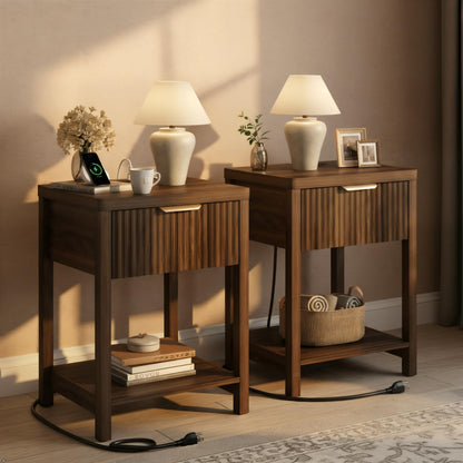 Night Stand Set 2, Fluted Wood Nightstands w/Charging Station for Bedroom