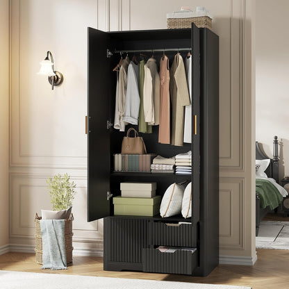 Vabches 71” Tall Armoire Wardrobe Closet with 2 Drawers and Shelves, Large Wooden Wardrobe Cabinet with Hanging Rod, Sliding Cabinet, Modern Fluted Clothing Storage Cabinet for Bedroom, Black