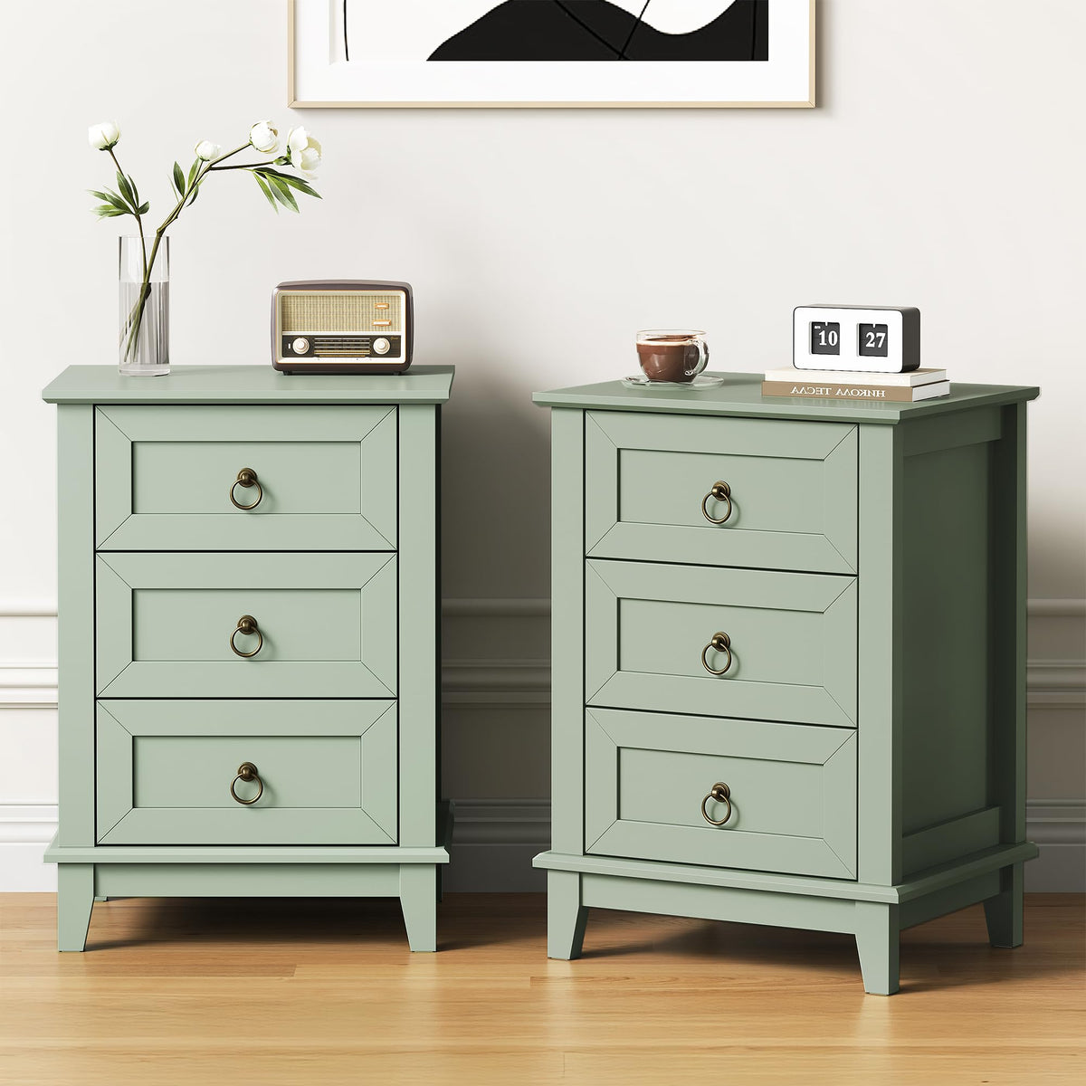 RoyalCraft Farmhouse Tall Nightstand Set of 2, Painted Wooden Bedside End Table with 3 Storage Drawers, Rustic Side Table for Bedroom, Light Green