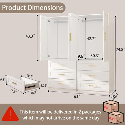 White Armoire Wardrobe Closet with 6 Drawers, 75" Tall x 63" Wide