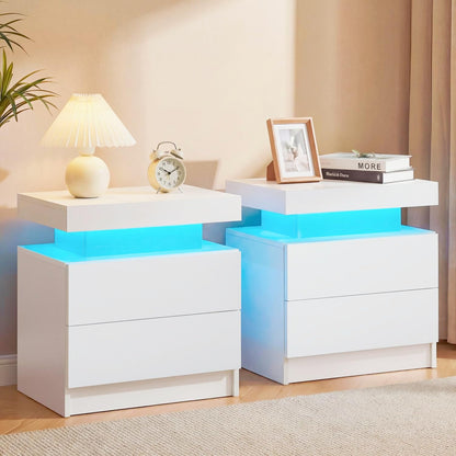 i-aplus Black Modern LED Nightstand Set of 2 with 2 Wood Drawer for Bedroom