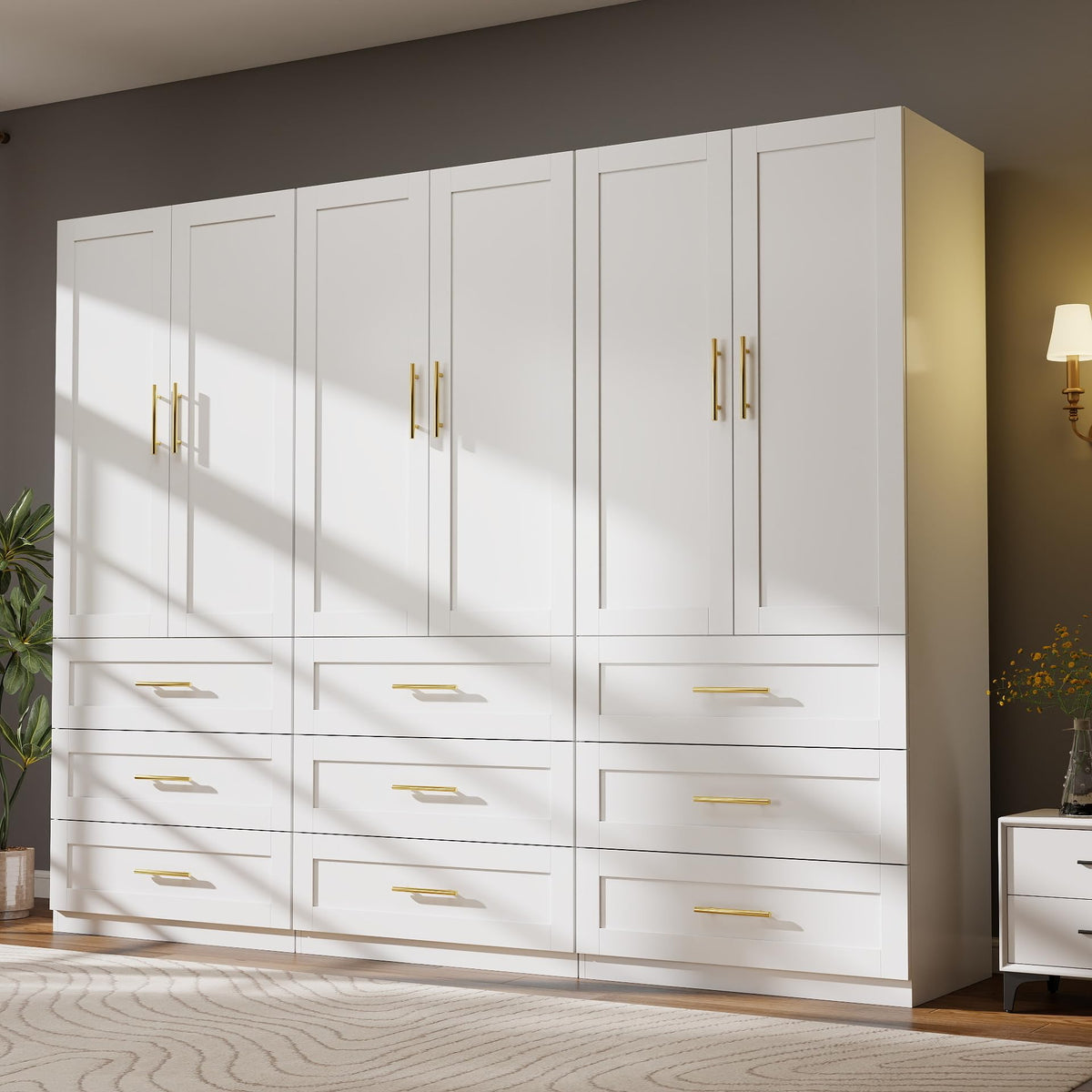 White Wardrobe Closet with 4 Drawers and 4 Doors, 75" H x 63" W