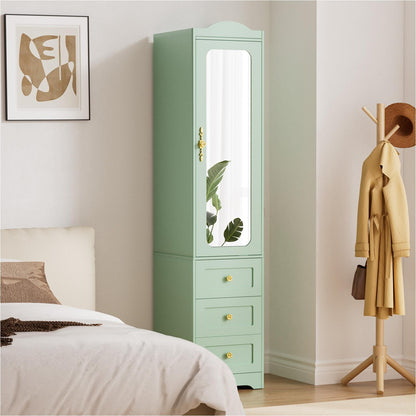 Armoire Wardrobe Closet, Green Bedroom Armoires Cabinet with Mirror Door and 6 Drawers, 69.5" H Wood Clothing Storage Cabinet with Hanging Rod & Sensor Light for Bedroom-(Left+Right)