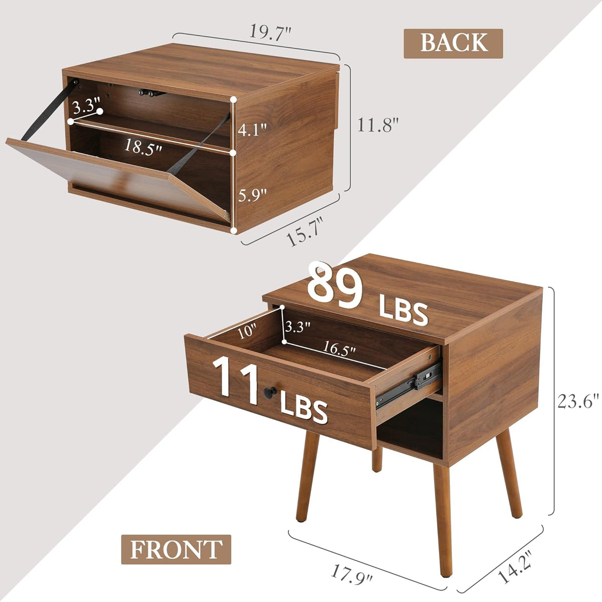 Hidden Compartment Night Stand Set 2, Mid Century Modern Concealment Furniture, End Table with Storage Drawer, Bedside Table with Wood Legs for Bedroom (2,Walnut)