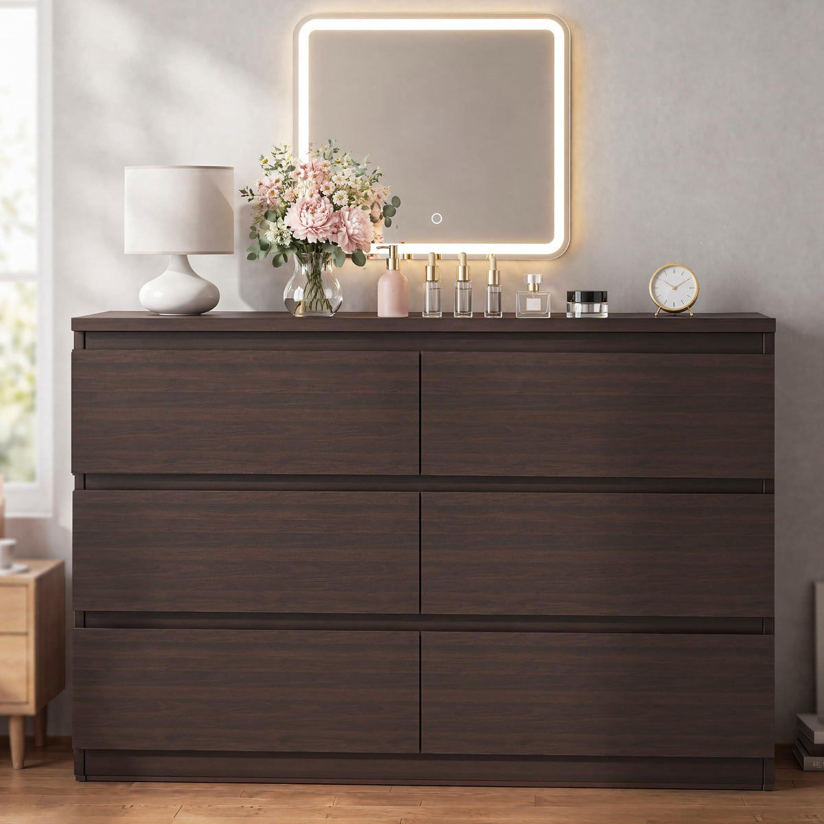 6 Drawer Double Dresser for Bedroom, Modern Simply Chest of Drawers, Wood Storage Dresser with Anti-Tipping for Living Room Hallway Entryway, Nursy Black (15.3" D x 47.2" W x 32.3" H)