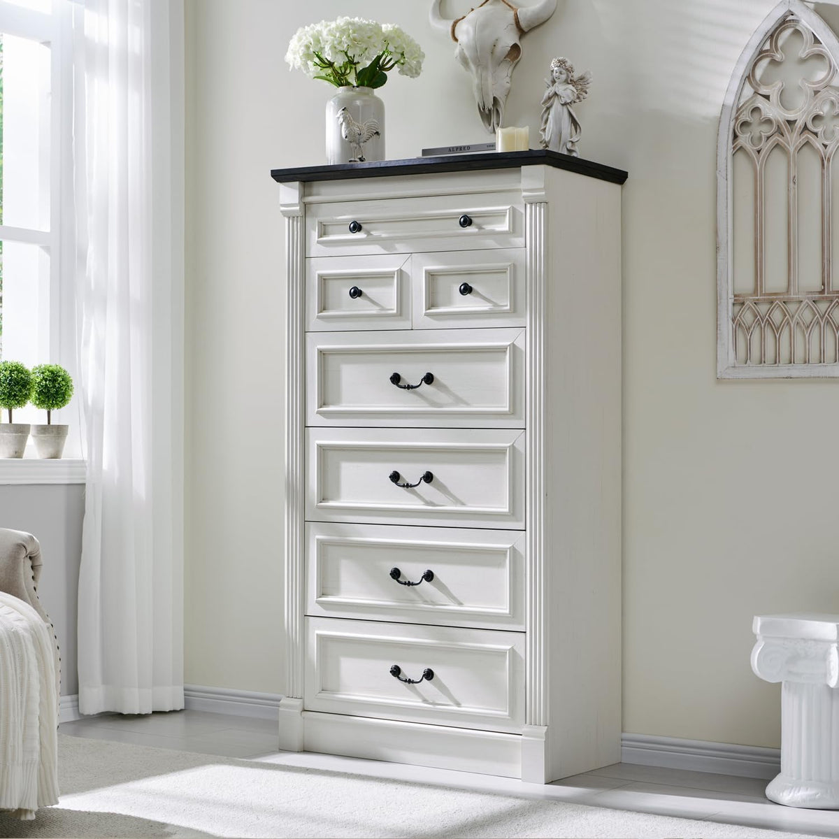 Aitjunz Farmhouse 46" Tall 5 Drawers Dresser for Bedroom, Antique White