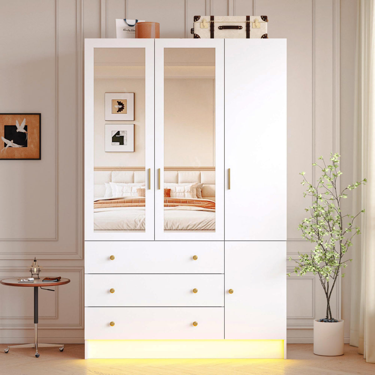 4 Doors LED Armoire Wardrobe Closet with Mirror, 75" Tall Modern Wooden Wardrobe Closet with 3 Drawers, Freestanding Clothing Storage Cabinet with Hanging Rod, Adjustable Shelves, Black