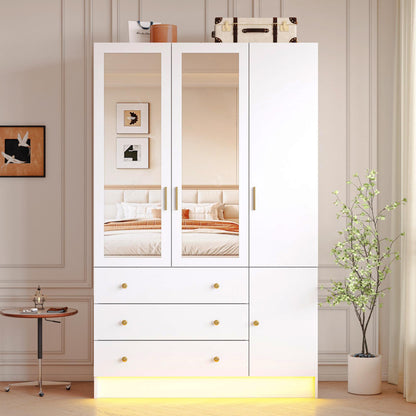 4 Doors LED Armoire Wardrobe Closet with Mirror, 75" Tall Modern Wooden Wardrobe Closet with 3 Drawers, Freestanding Clothing Storage Cabinet with Hanging Rod, Adjustable Shelves, Black