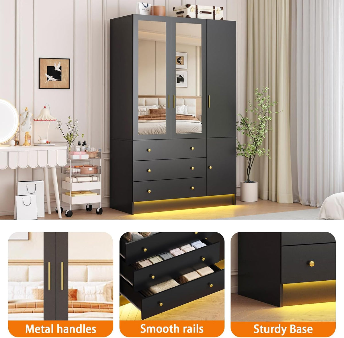 3 Doors Mirrored Wardrobe Armoire Closet with Drawers, LED Armoire Storage Cabinet with Adjustable Shelves & Hanging Rod, 74.8" H Freestanding Clothing Storage Cabinet for Bedroom, Black