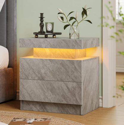 Modern White LED Nightstand for Bedroom Bedside Table with 2 Wood Drawers