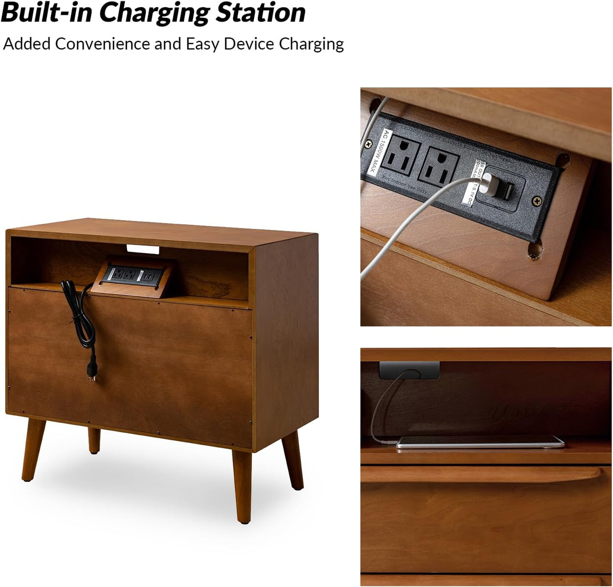 HULALA HOME End Table with Charging Station, 2 Drawers, Set of 2, Acorn