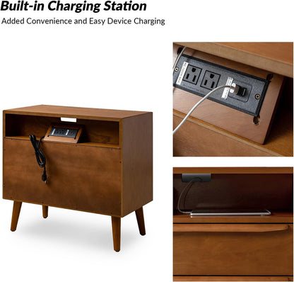 HULALA HOME End Table with Charging Station, 2 Drawers, Set of 2, Acorn