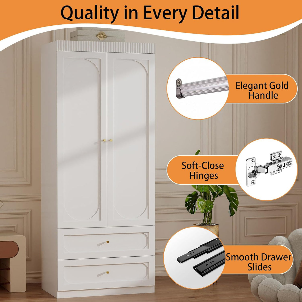 White Wooden Wardrobe Closet with 2 Doors, 75" Tall x 32" Wide