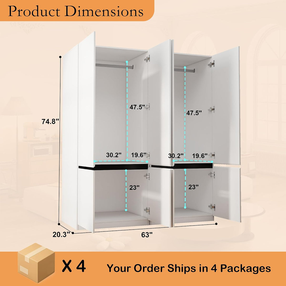 White Armoire Wardrobe Closet with 4 Doors, 75" Tall x 63" Wide