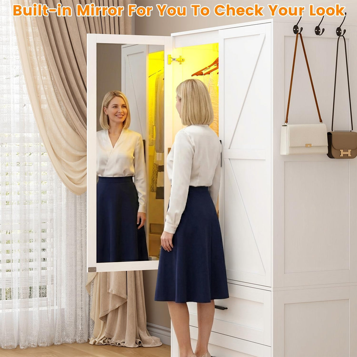 VVFLU 2 Doors Armoire Wardrobe with Mirror Motion Sensor LED Lights Wooden Bedroom Armoire with Removable Hanging Rod. Large Modern White Closet Equipped with 2 Drawers.