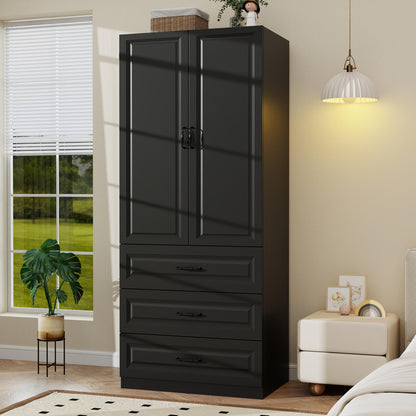 Black Armoire Wardrobe Closet with 3 Drawers, 75" H x 32" W Armoire