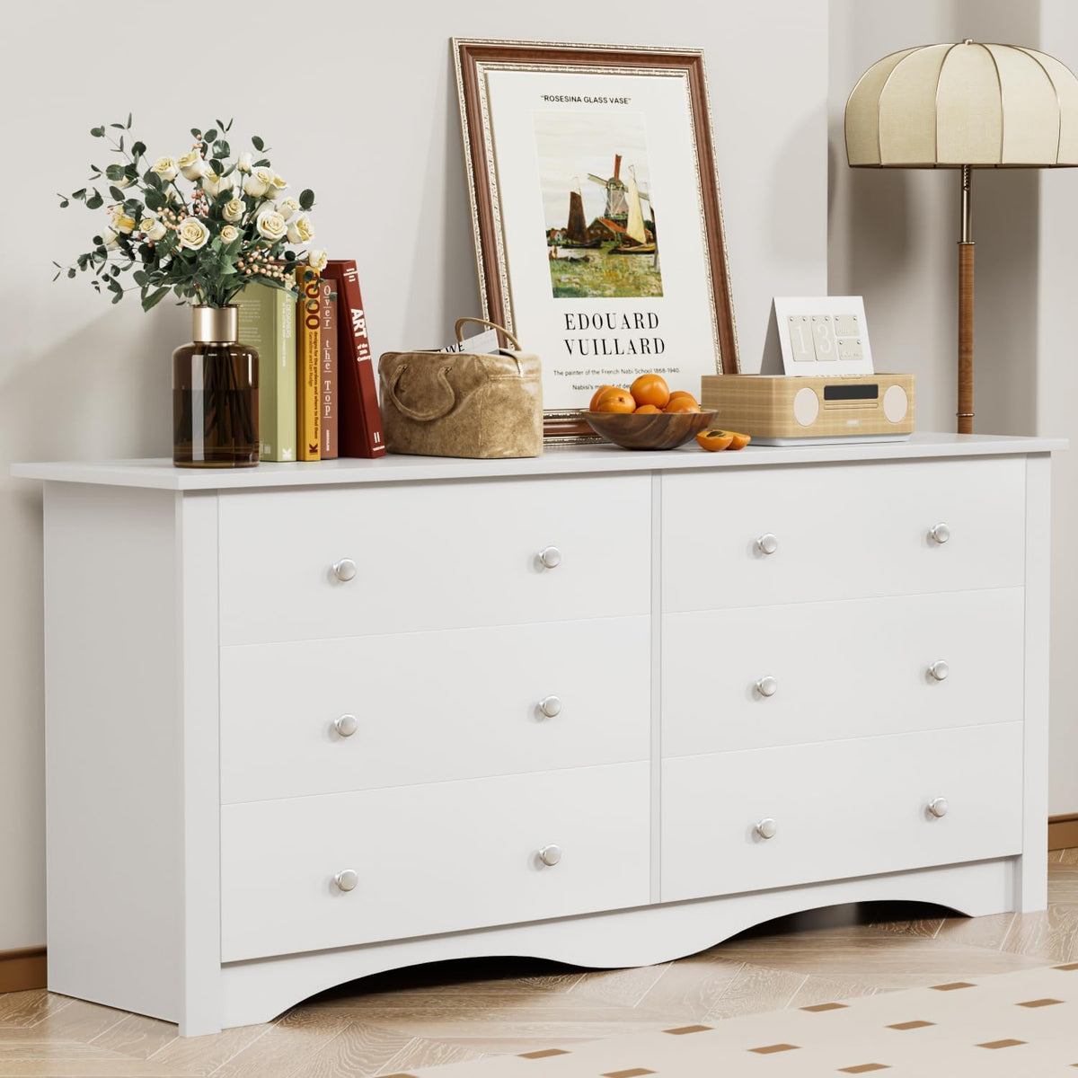 YESHOMY White Wood Dresser with 6 Drawer, 47.2" Chest of Drawers