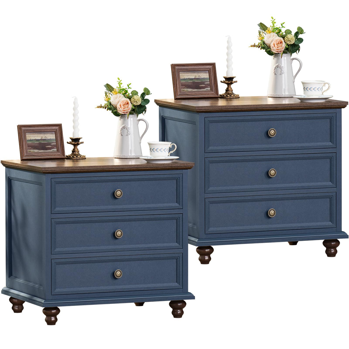 Joaxswe 24" Wide Farmhouse Night Stand Set of 2,Large End Table with 3 Drawers & Metal Handle,Wood Dresser for Bedroom,Bed Side Table Chest of Drawers Cabinet,Natural Nightstand for Living Room,Closet