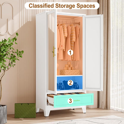 Metal Armoire Wardrobe Closet Storage Cabinet with Mirror White, 71'' Wardrobe Cabinet with Hanging Rod Metal Closet with Adjustable Shelf and Drawer for Bedroom, Laundry Room, Cloak Room