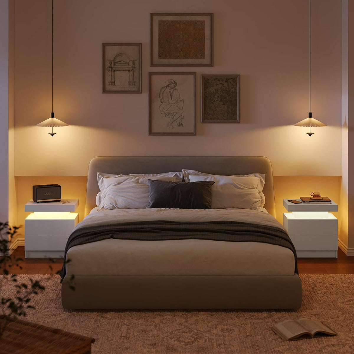 Modern White LED Nightstand for Bedroom Bedside Table with 2 Wood Drawers