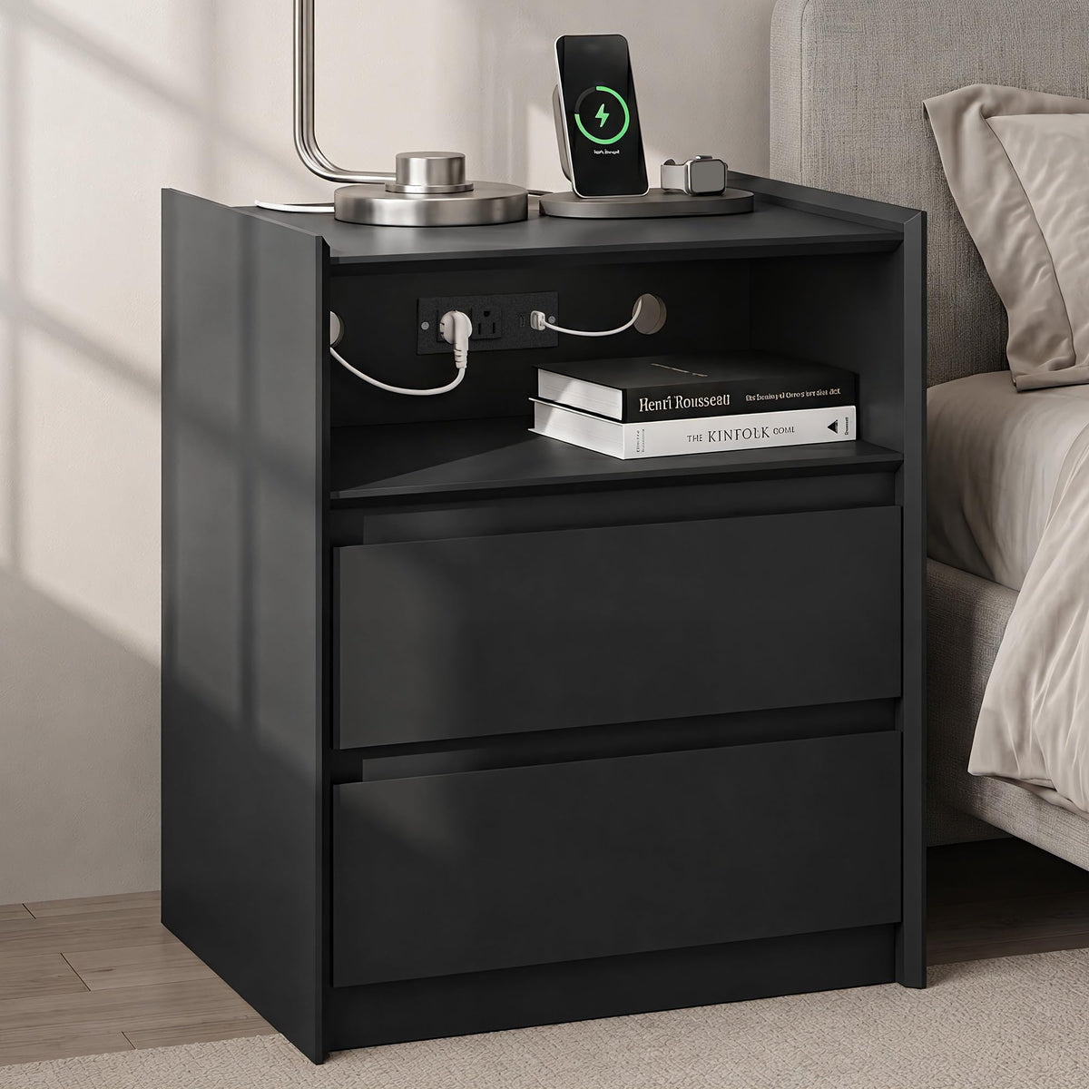 Black Nightstand with Charging Station, 24"H, 2 Drawers & Shelf