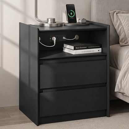 Black Nightstand with Charging Station, 24"H, 2 Drawers & Shelf