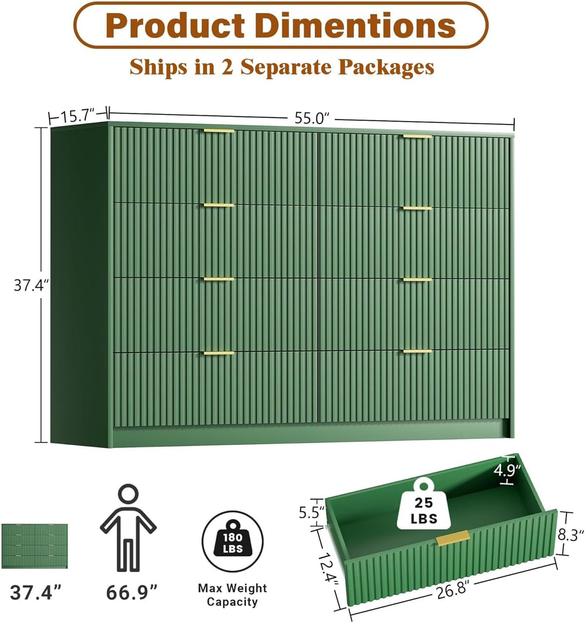 Furniway 55" Wide Green Dresser for Bedroom, Fluted 8 Drawer Dresser