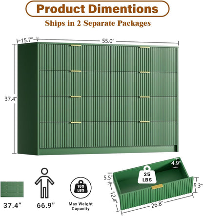 Furniway 55" Wide Green Dresser for Bedroom, Fluted 8 Drawer Dresser