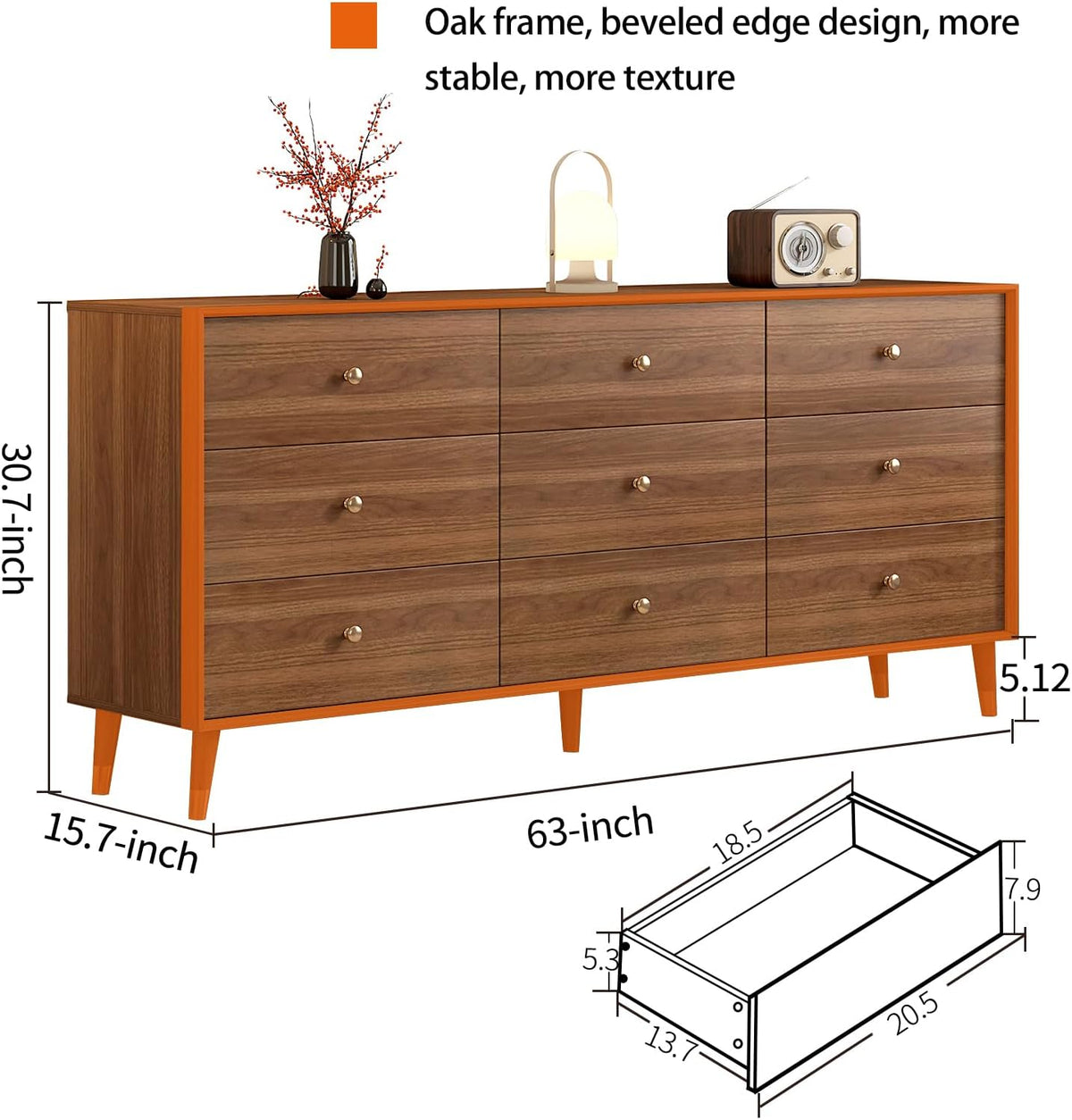Mid Century Modern 9-Drawer Dresser, 63 Inch Solid Wood Frame Chest, Walnut