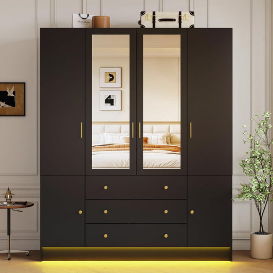 4 Doors LED Armoire Wardrobe Closet with Mirror, 75" Tall Modern Wooden Wardrobe Closet with 3 Drawers, Freestanding Clothing Storage Cabinet with Hanging Rod, Adjustable Shelves, Black