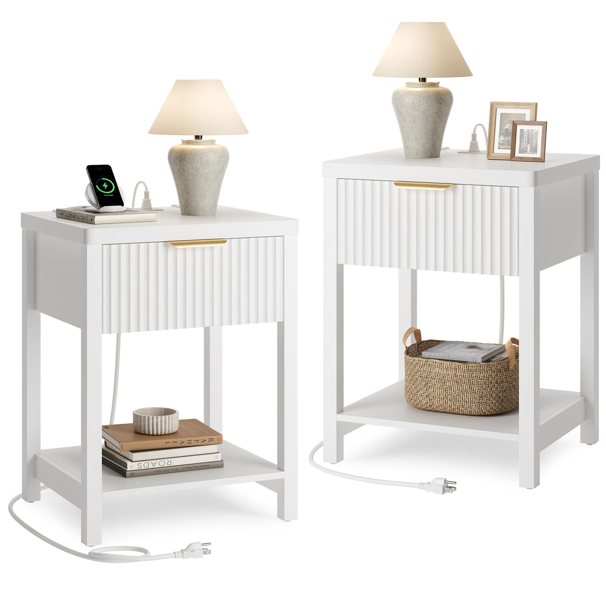 Night Stand Set 2, Fluted Wood Nightstands w/Charging Station for Bedroom