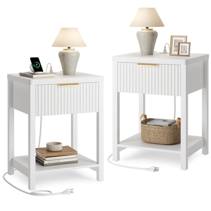 Night Stand Set 2, Fluted Wood Nightstands w/Charging Station for Bedroom