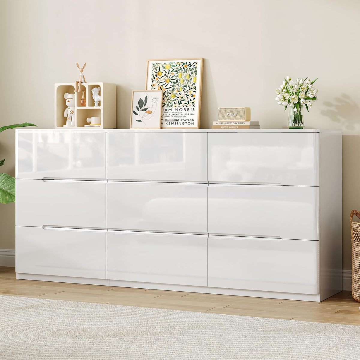 10 Drawer Dresser for Bedroom, 55" Long High Gloss Dresser, White