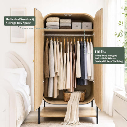 Arched Armoire Wardrobe Closet, Modern Wood Bedroom Clothing Storage Cabinet with Fluted Doors, 66" Tall Standing Closet with Hanging Rod, Natural