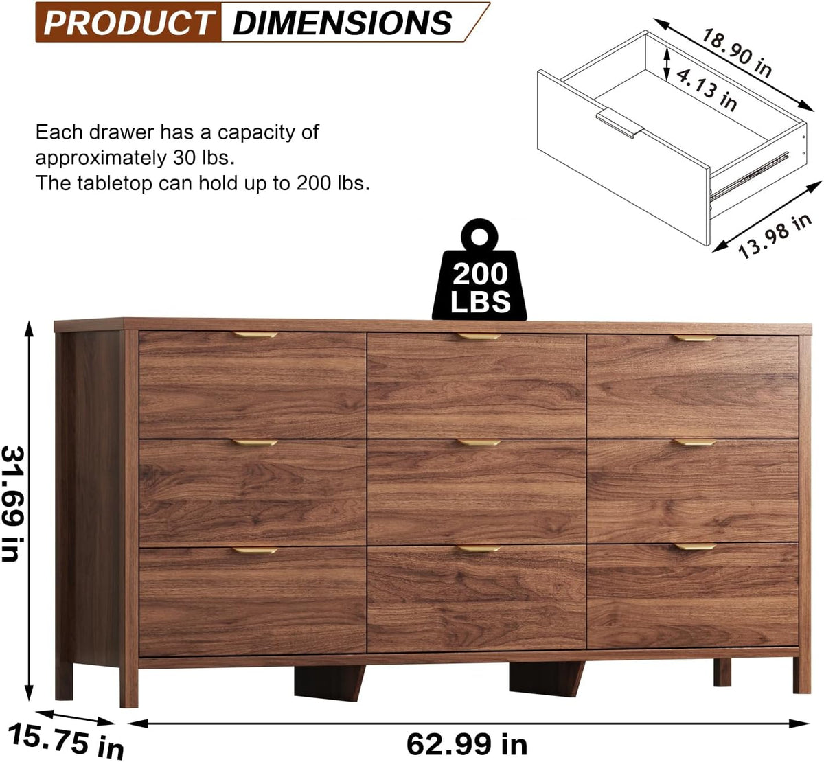 Ieejdn Dresser for Bedroom with 9 Drawers, 63" Modern Chest of Drawers, Dresser TV Stand, Wood Drawer Organizer for Living Room, Hallway, Tan