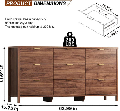Ieejdn Dresser for Bedroom with 9 Drawers, 63" Modern Chest of Drawers, Dresser TV Stand, Wood Drawer Organizer for Living Room, Hallway, Tan
