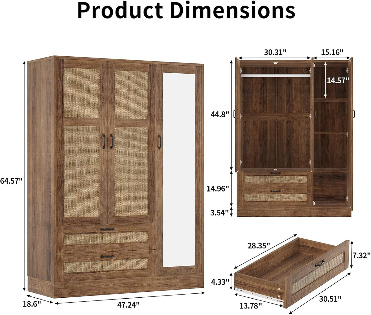 Rattan Armoire Wardrobe Closet with Full Length Mirror, 3 Doors Wardrobe Cabinet with 2 Drawers, Farmhouse Boho Armoire with Hanging Rod for Bedroom